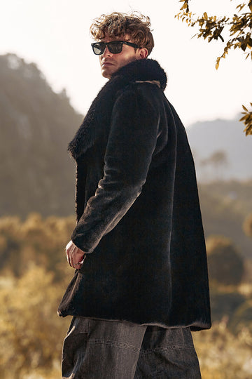 Black Luxury Faux Fur Winter Long Men's Coat with Long Sleeves